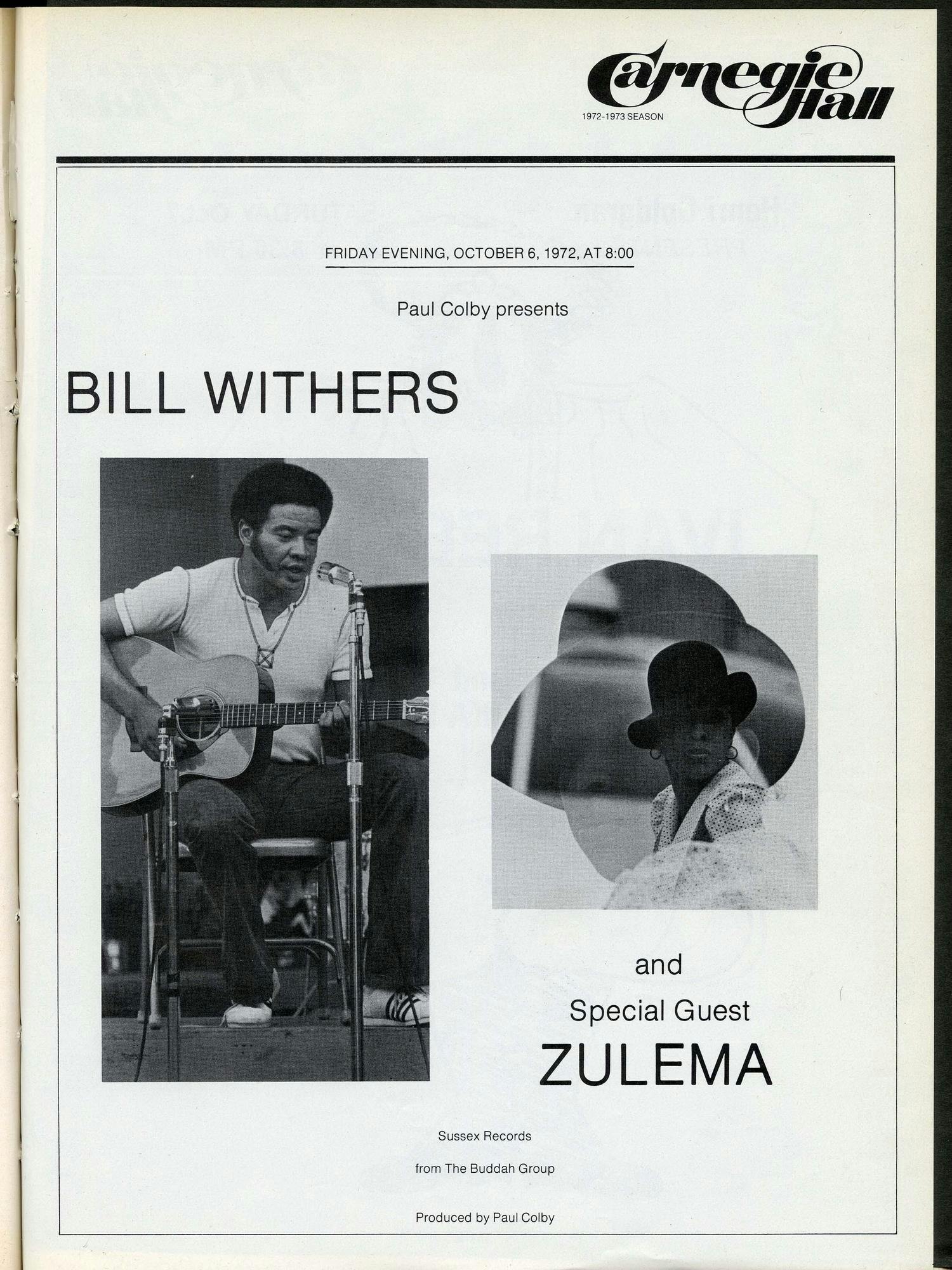 Program for Bill Withers's Carnegie Hall debut, 1972