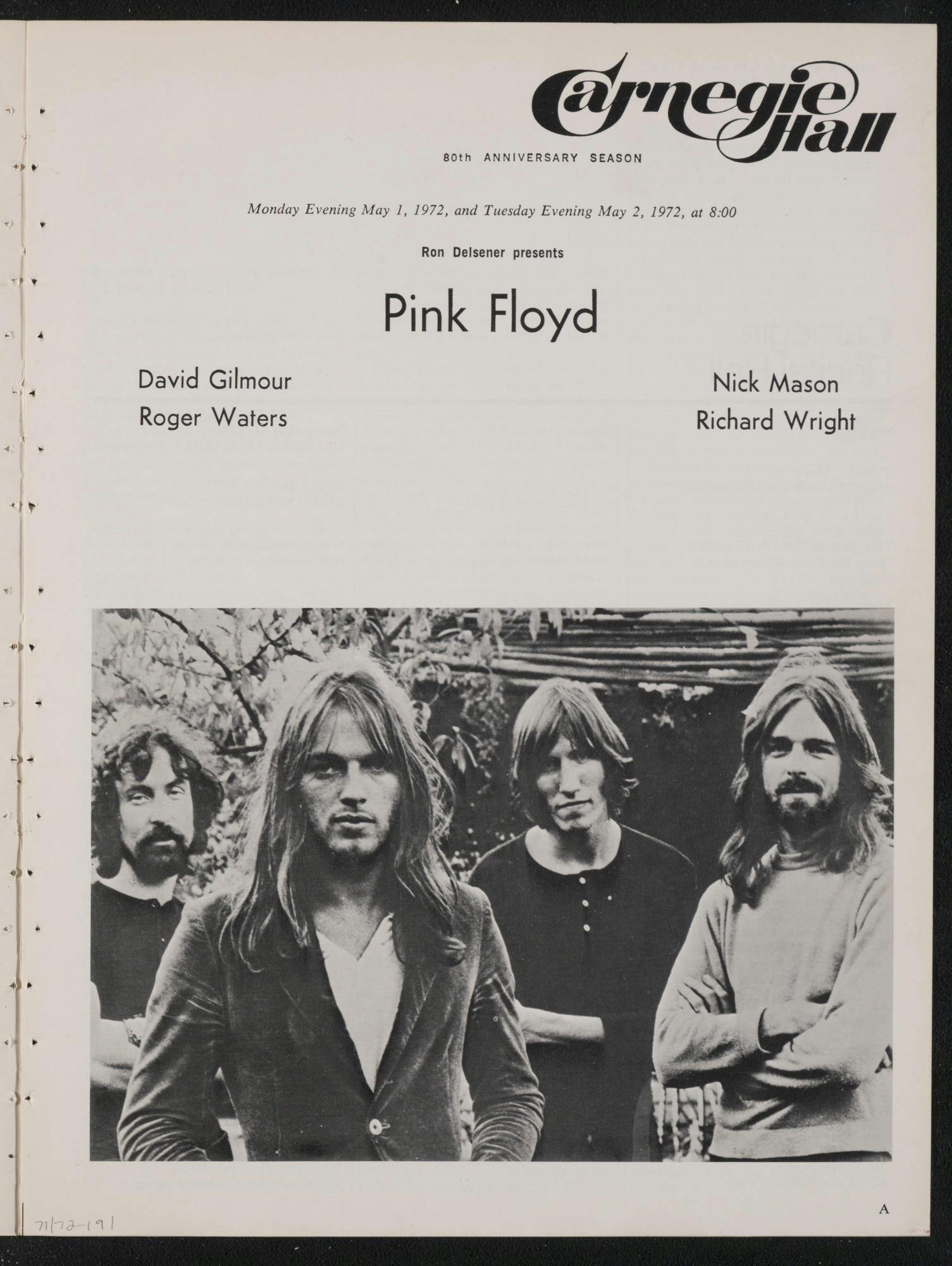 Program for Pink Floyd’s concert at Carnegie Hall, 1972