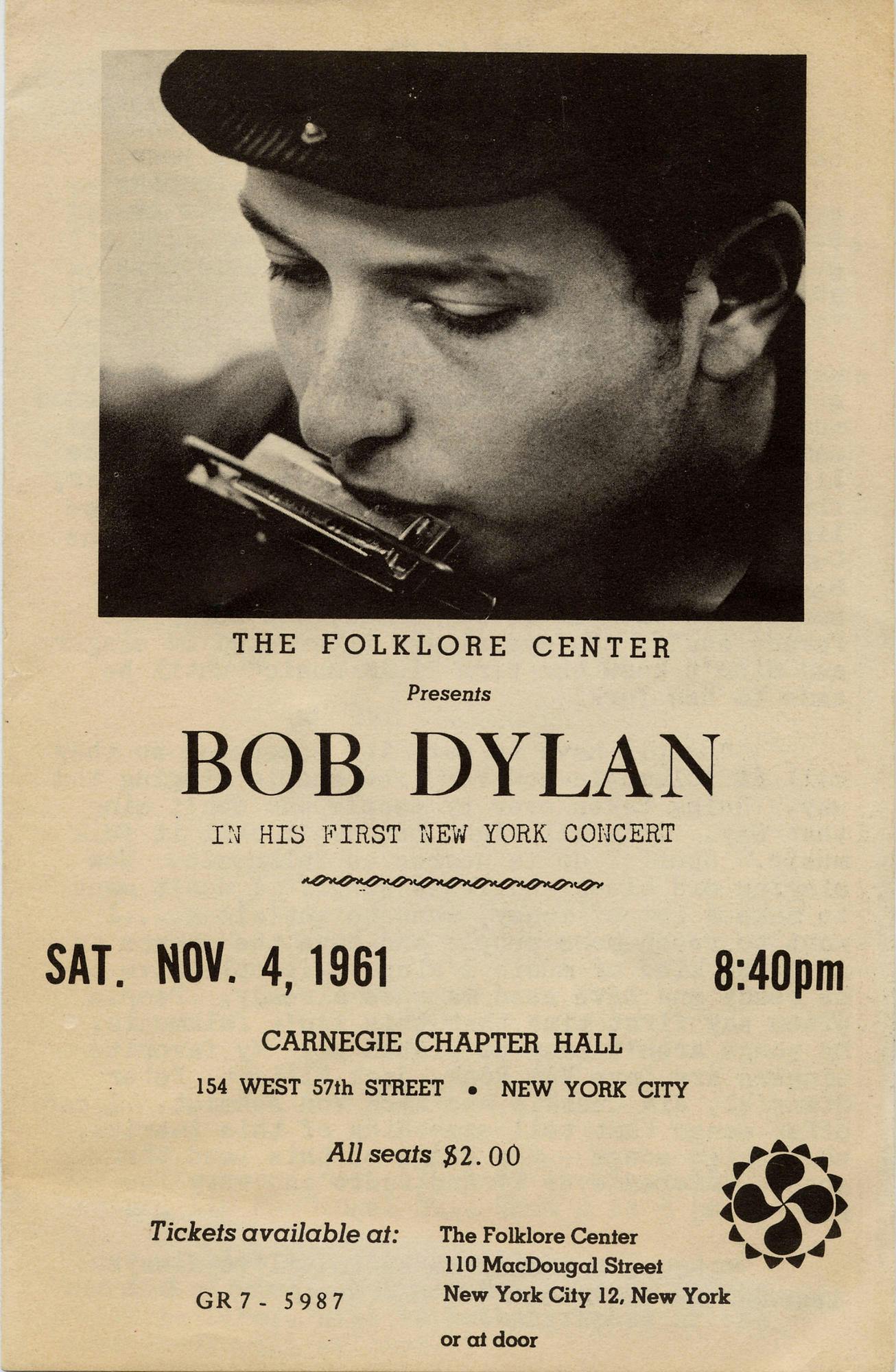 Poster for Bob Dylan’s Carnegie Hall debut, 1961