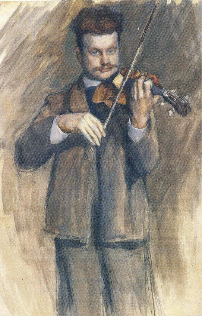Brown and grey portrait of Jean Sibelius with his violin by Eero Järnefelt