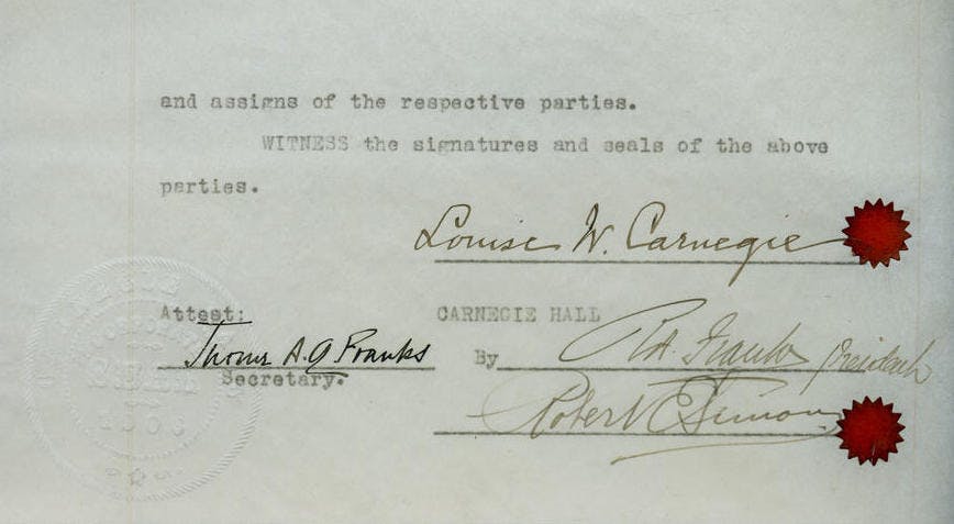 Louise Carnegie’s signature on the 1925 deed of sale for Carnegie Hall