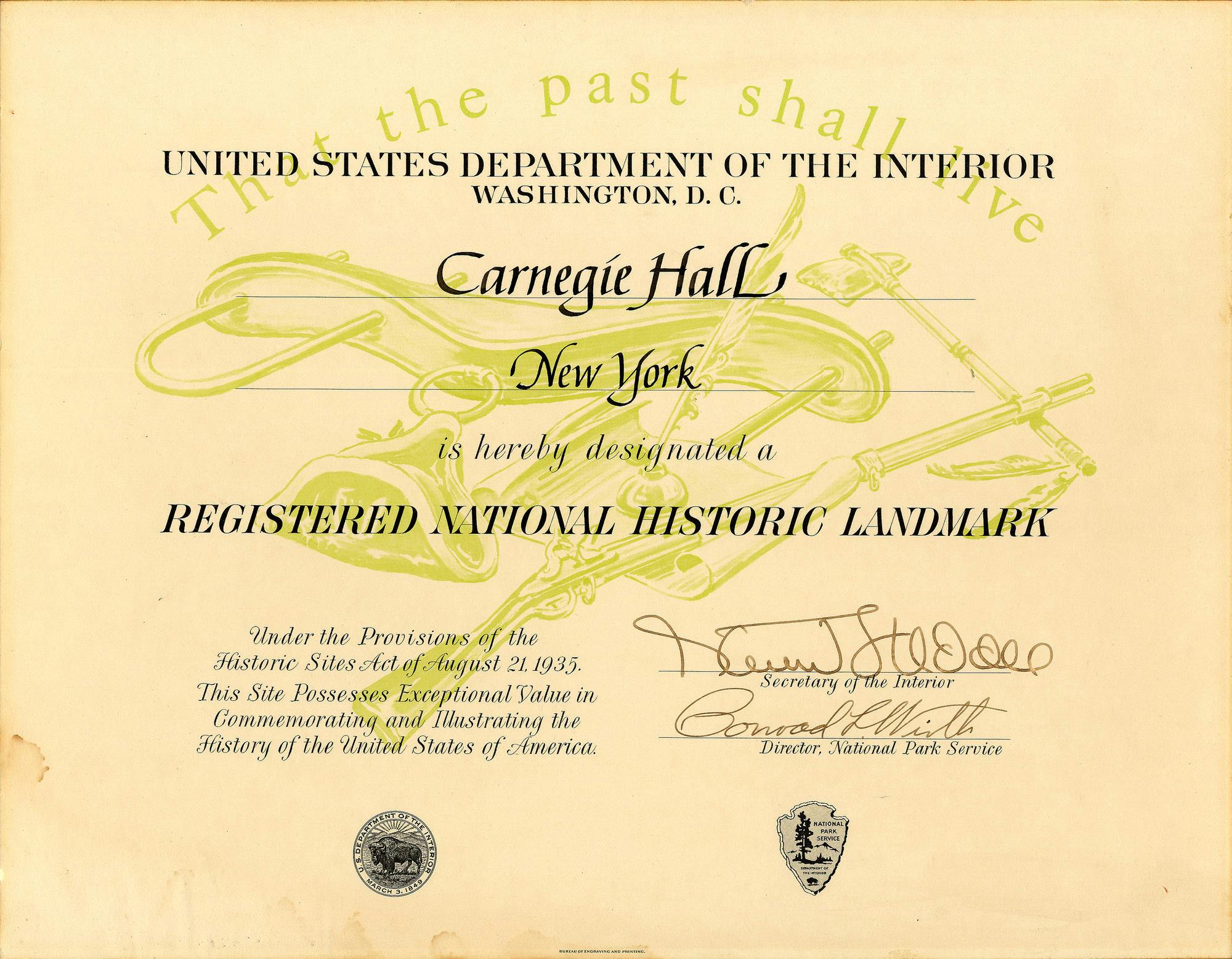 The certificate stating Carnegie Hall’s official designation as a Registered National Historic Landmark