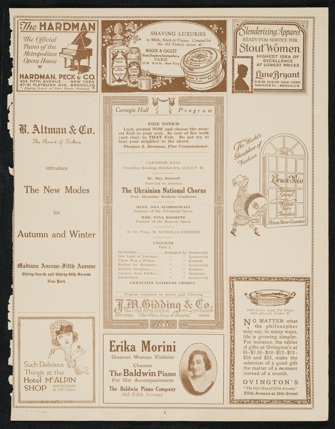 A program page from the US debut of the Ukrainian National Chorus at Carnegie Hall, 1922