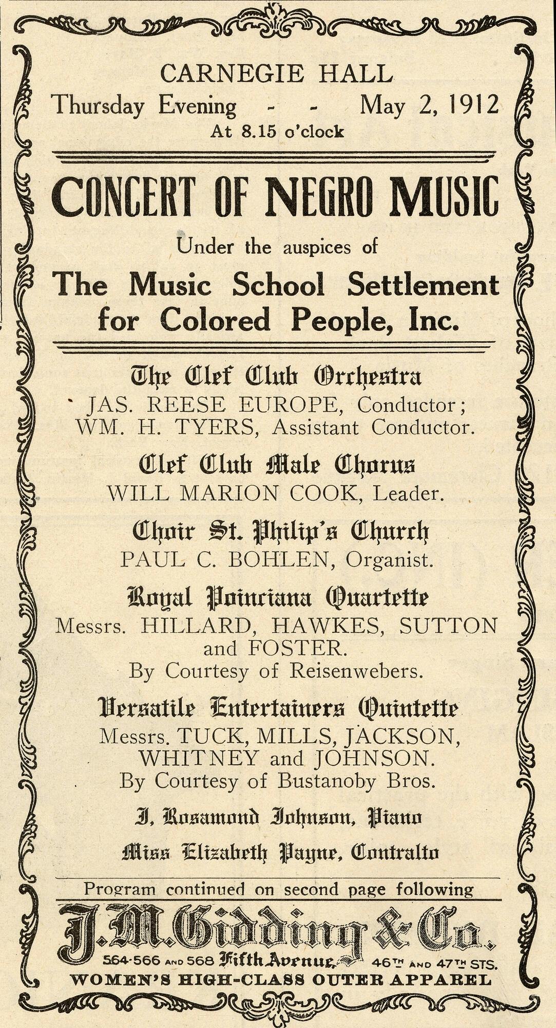 Program page from James Reese Europe’s Clef Club Orchestra concert, 1912