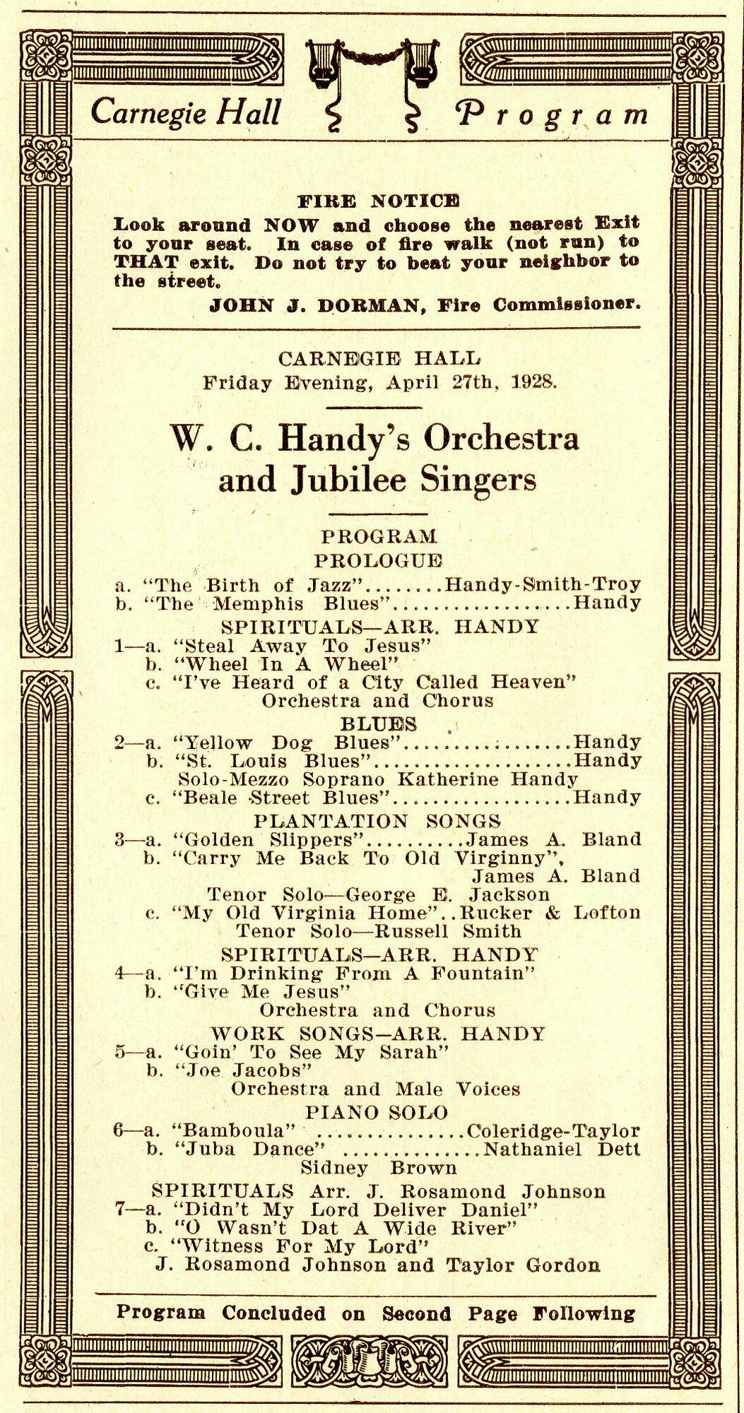 Program page for W. C. Handy’s Orchestra and Jubilee Singers, 1928