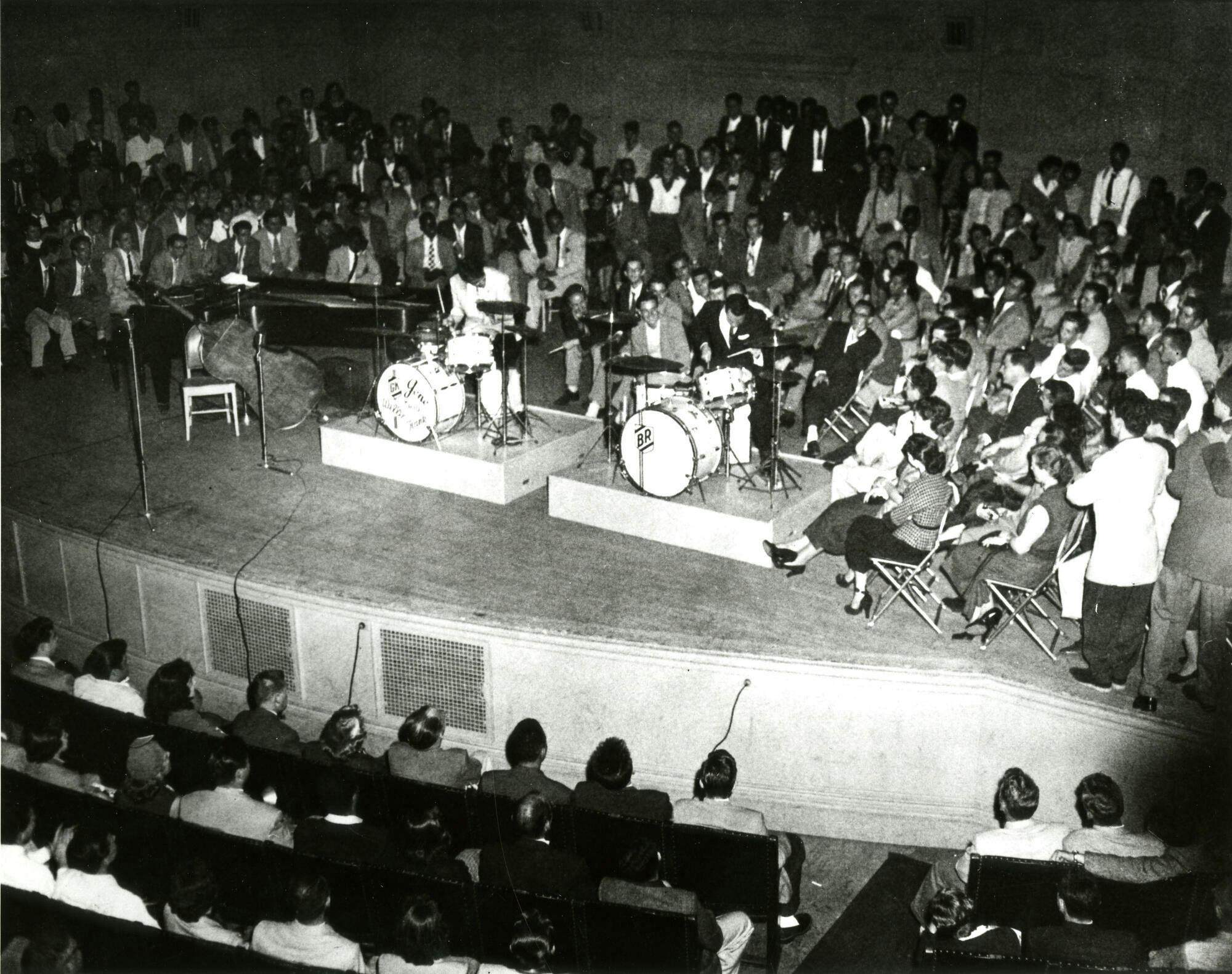 Drummers Gene Krupa and Buddy Rich in a “drum battle,” 1952