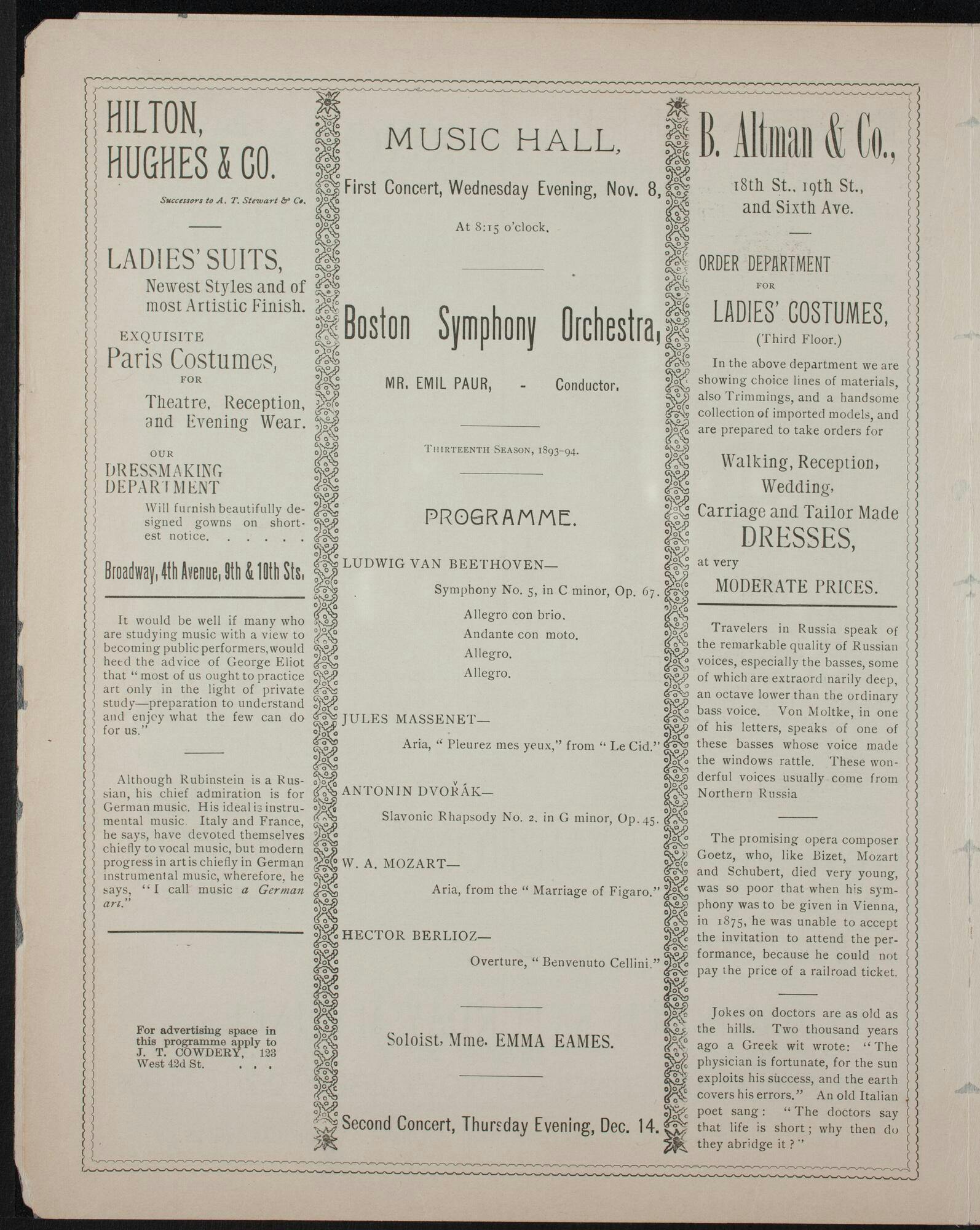 Program page of the BSO’s Carnegie Hall debut, 1893