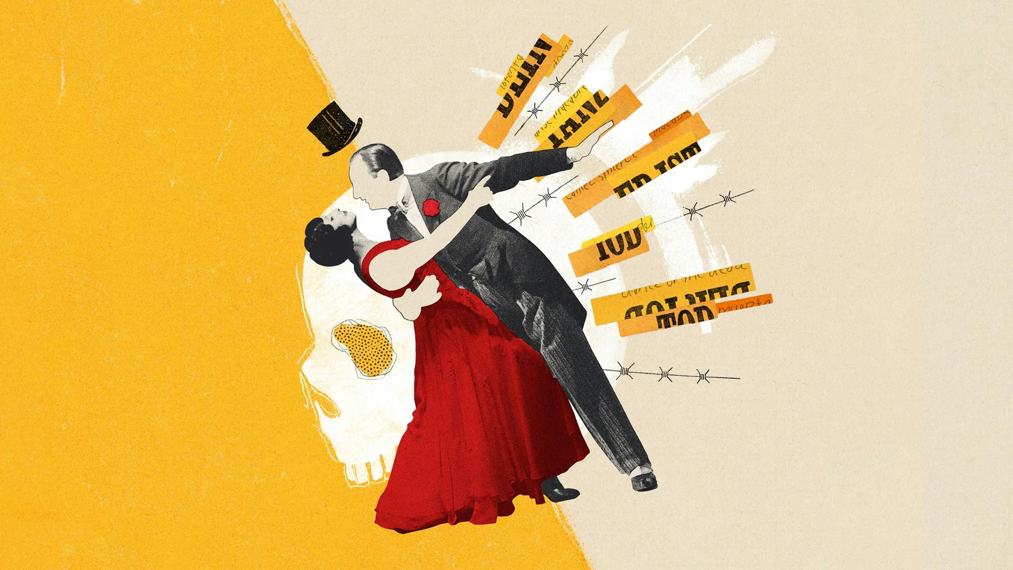 Two well-dressed figures dancing in front of a collage of images including a skull and barbed wire