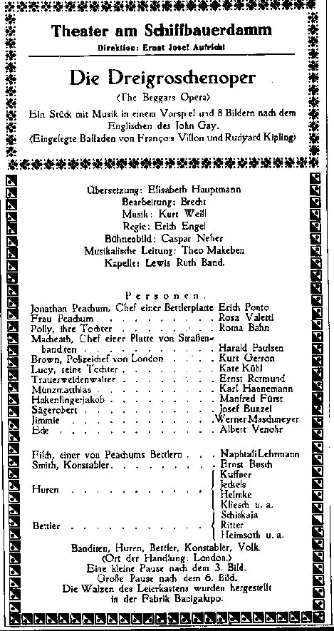 Program from the premiere of Weill/ Brecht’s “The Threepenny Opera” at Berlin’s Theater am Schiffbauerdamm, 1928