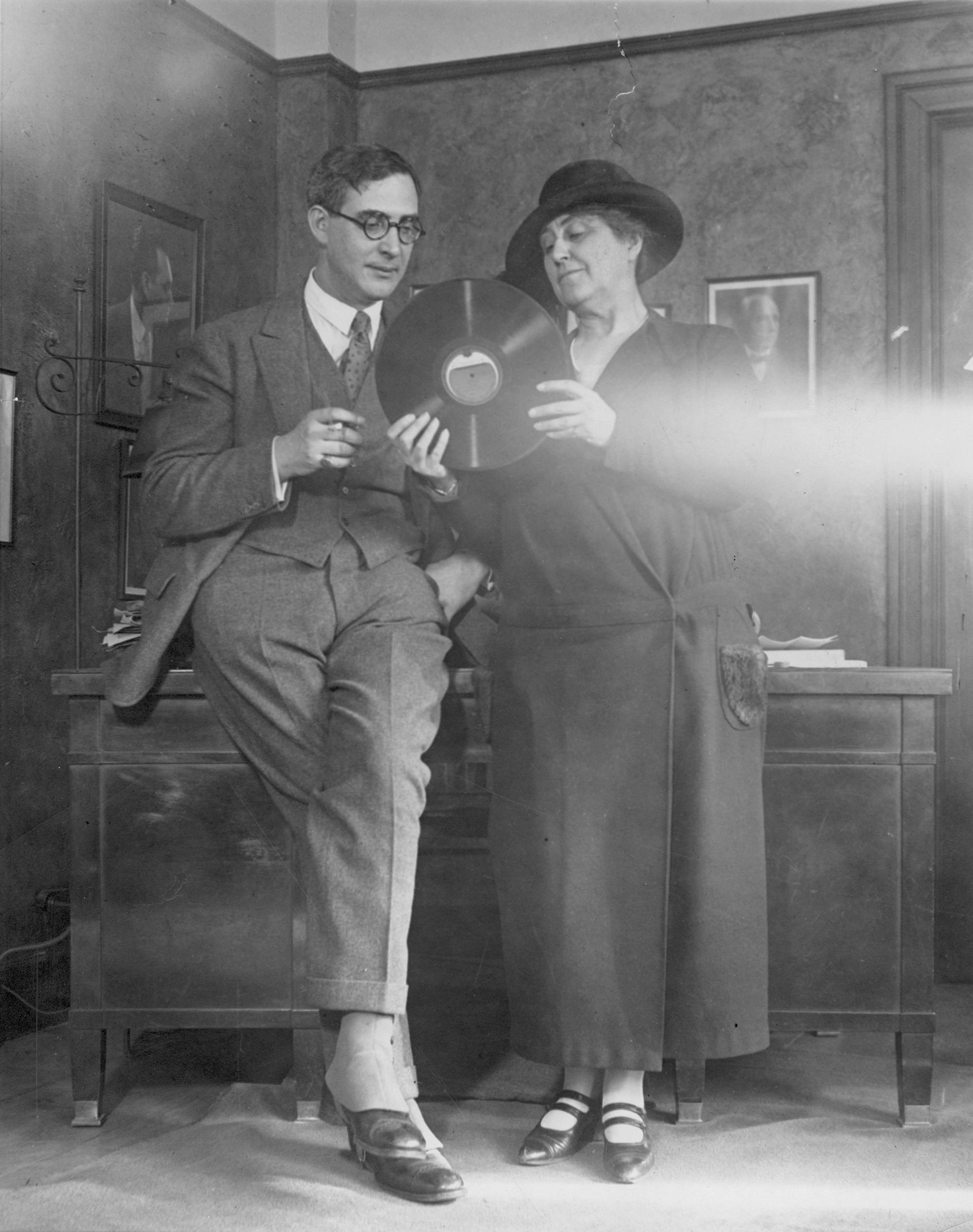 Nikolai Sokoloff and Adella Prentiss Hughes admiring The Cleveland Orchestra’s first commercial recording, 1924