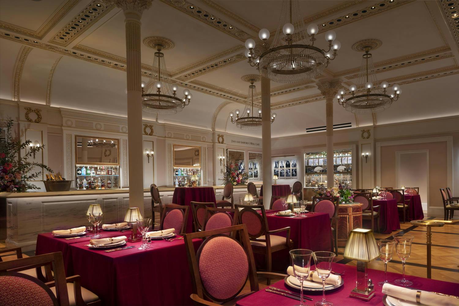 The Weill Café, with its art deco furniture and elegant chandeliers