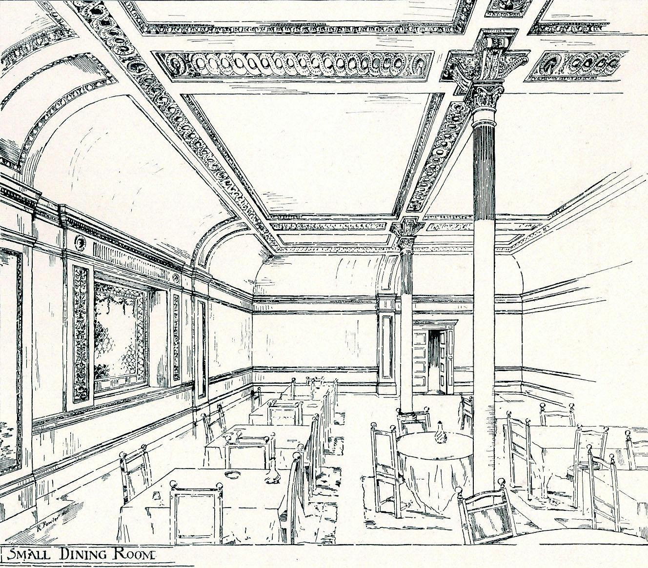 A black ink drawing depicting a small dining room with chairs, tables, and a decorative ceiling