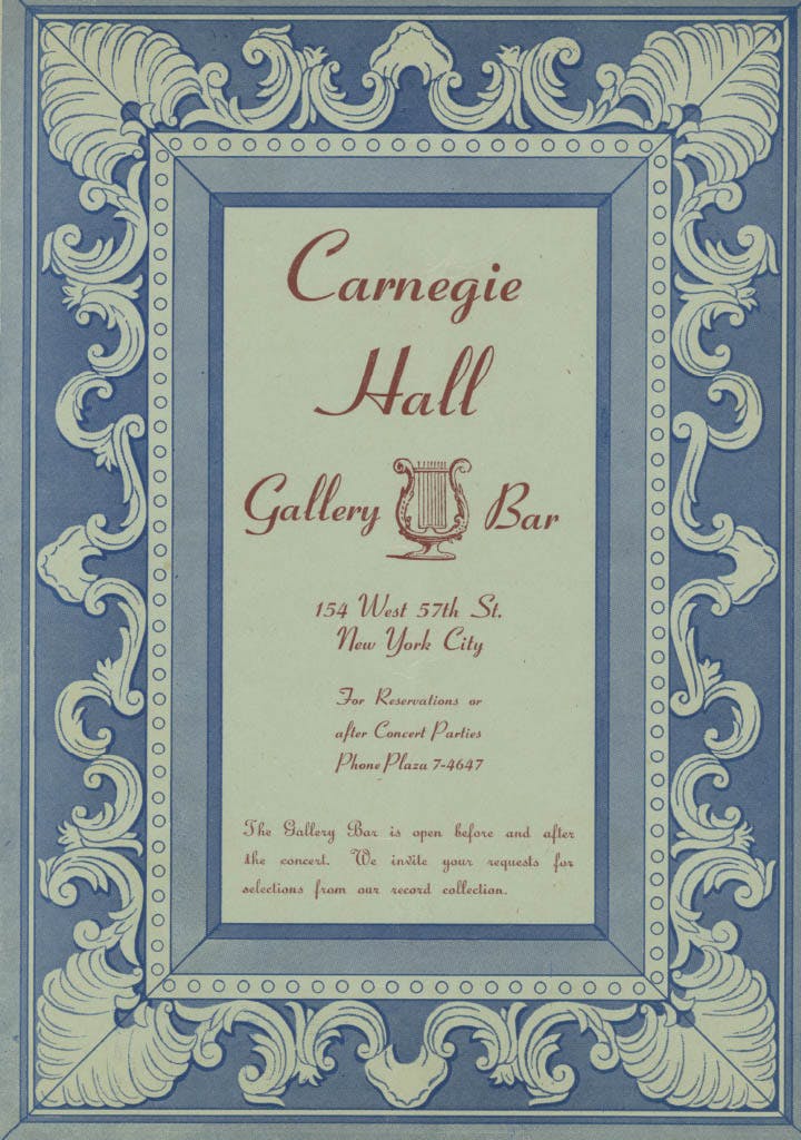 Blue and white decorative cover of the 1938 Carnegie Hall Gallery bar menu