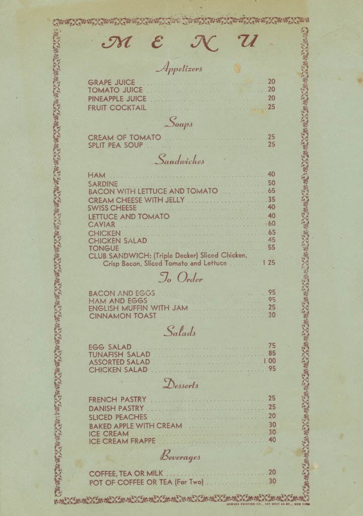 Carnegie Hall Gallery Bar Menu, 1938