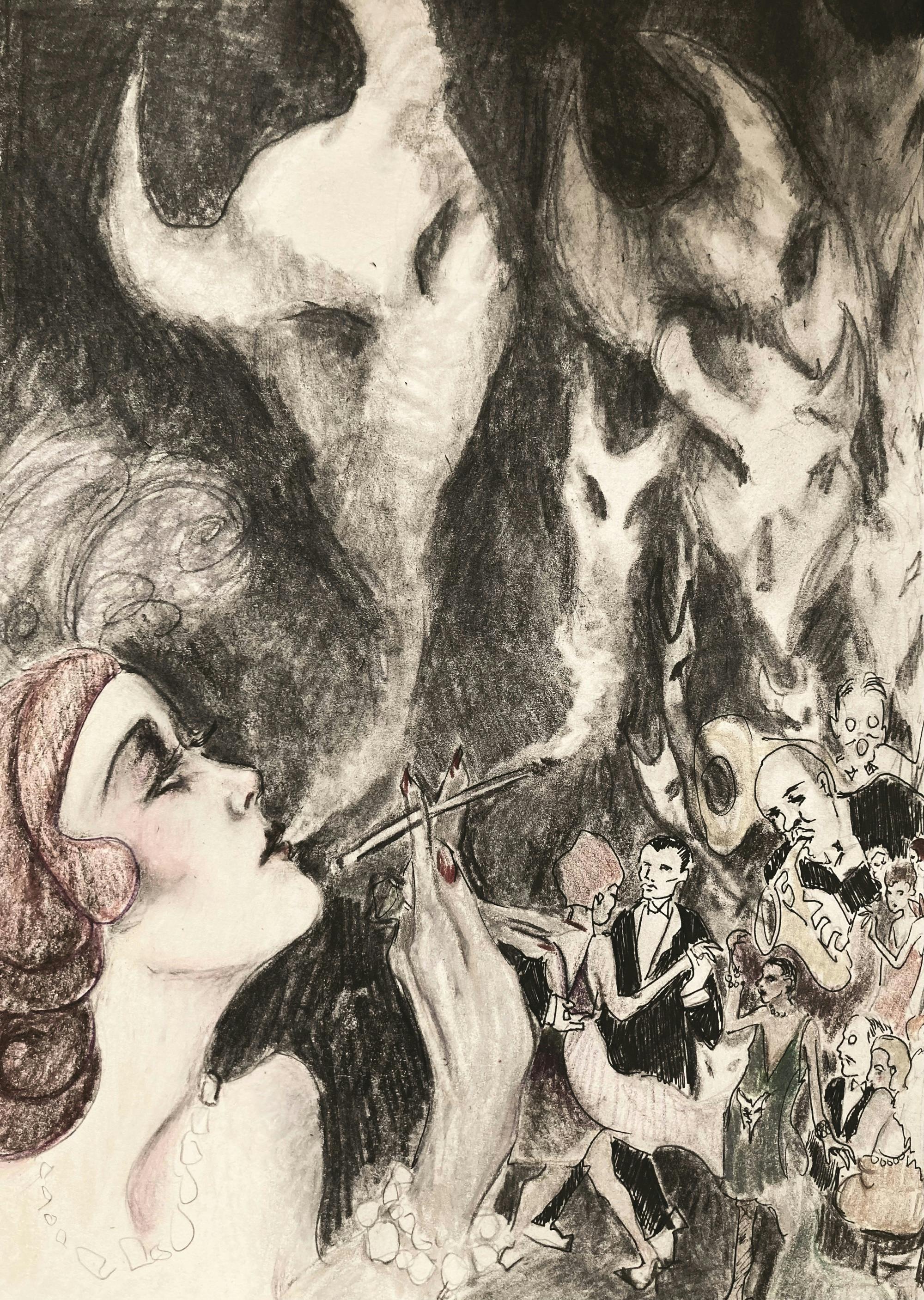 Fay Leshner’s illustration of a cabaret-inspired scene with cigarette smoke morphing into ghost-like figures