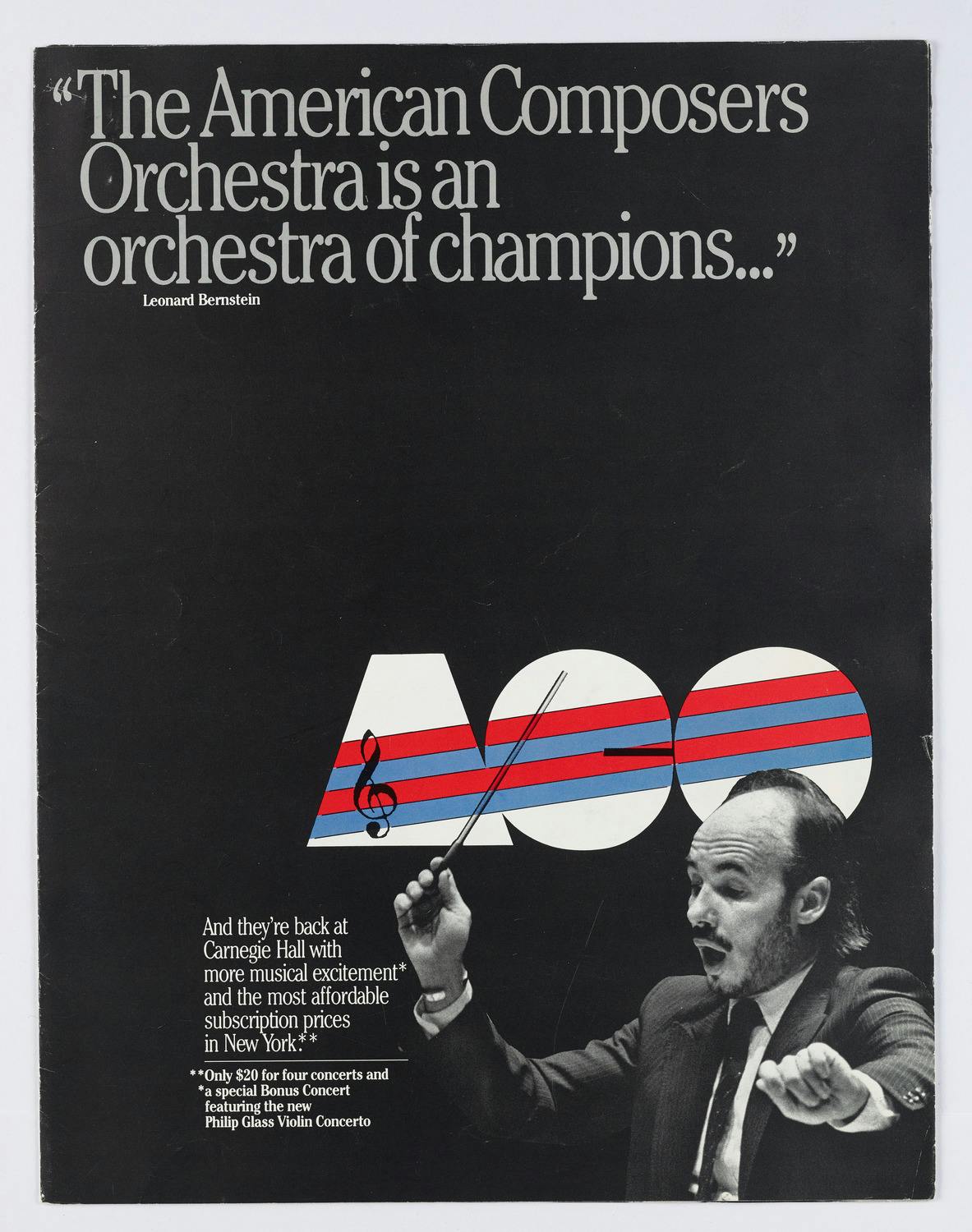 Brochure depicting a man conducting below "The American Composers Orchestra is an orchestra of champions"