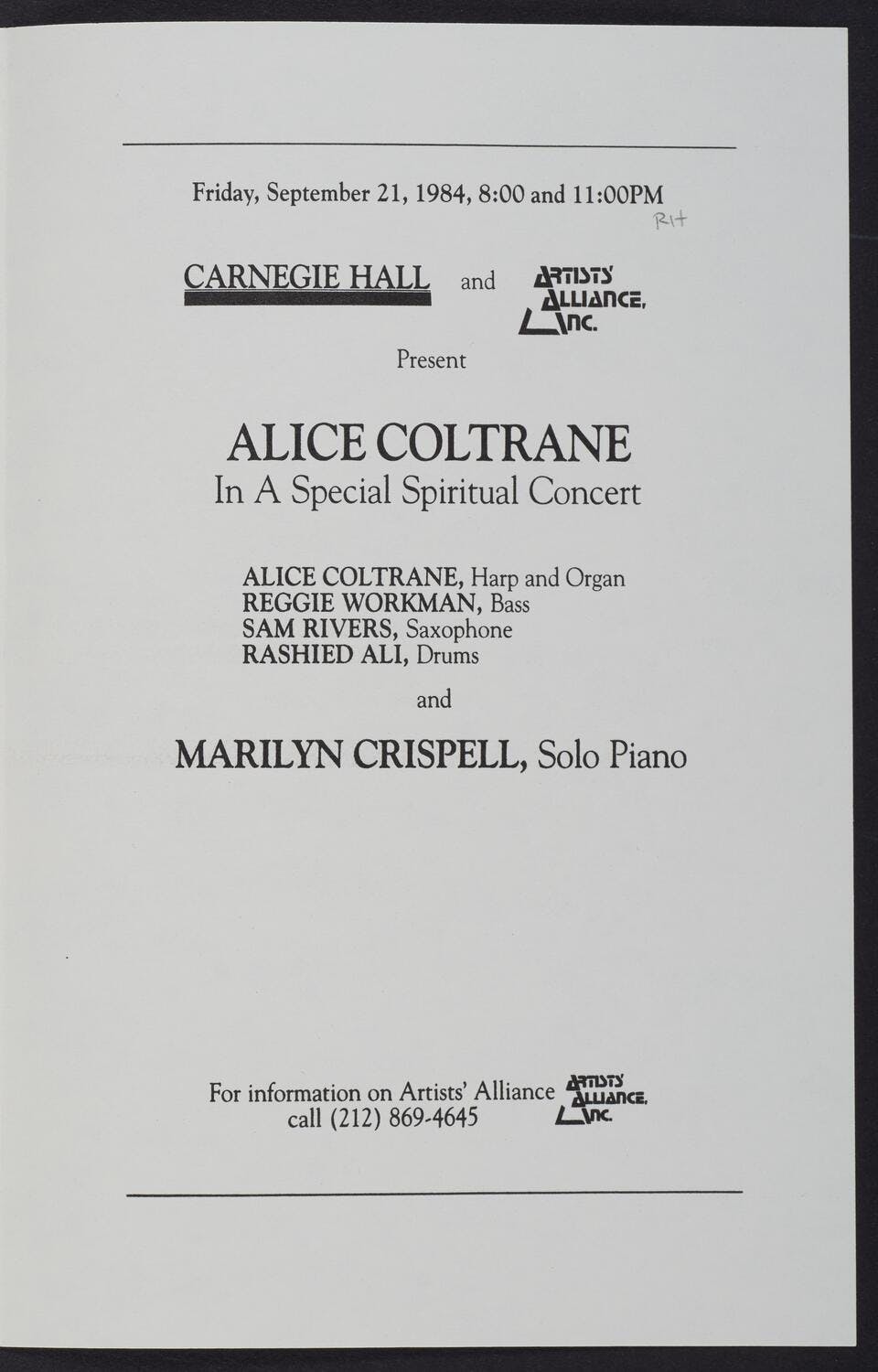 Alice Coltrane Carnegie Hall program page