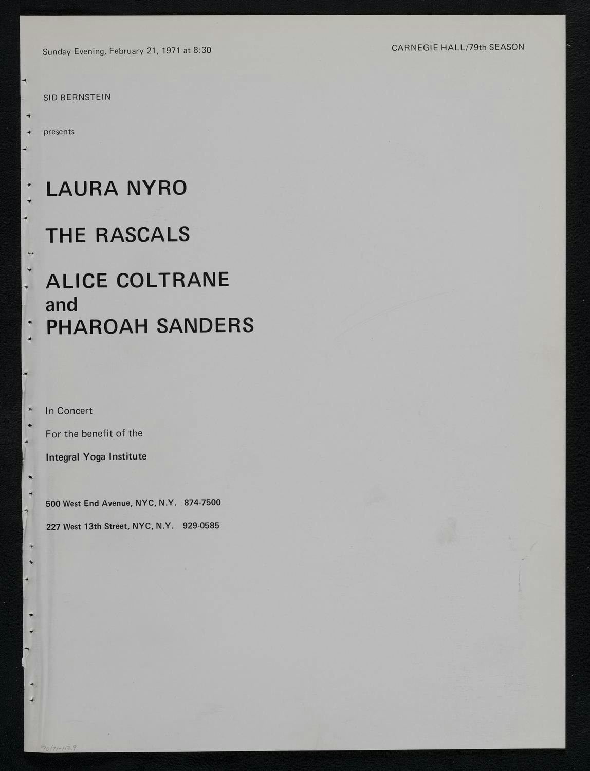 Laura Nyro The Rascals Alice Coltrane and Pharoah Sanders Carnegie Hall program page