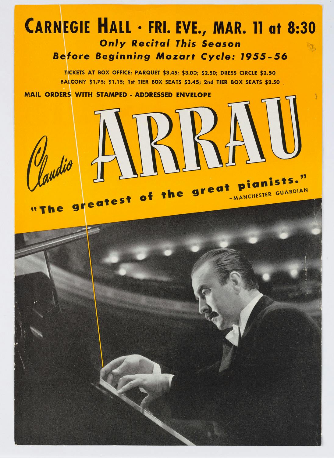 A Black and white photograph of Claudio Arrau playing the piano at Carnegie Hall on a yellow background with concert details in black font.