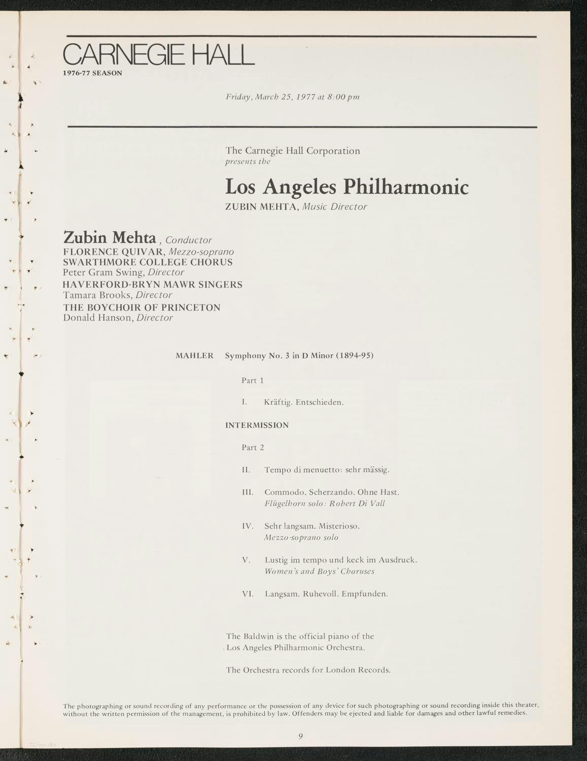 Carnegie Hall program page from 1977 for the Los Angeles Philharmonic