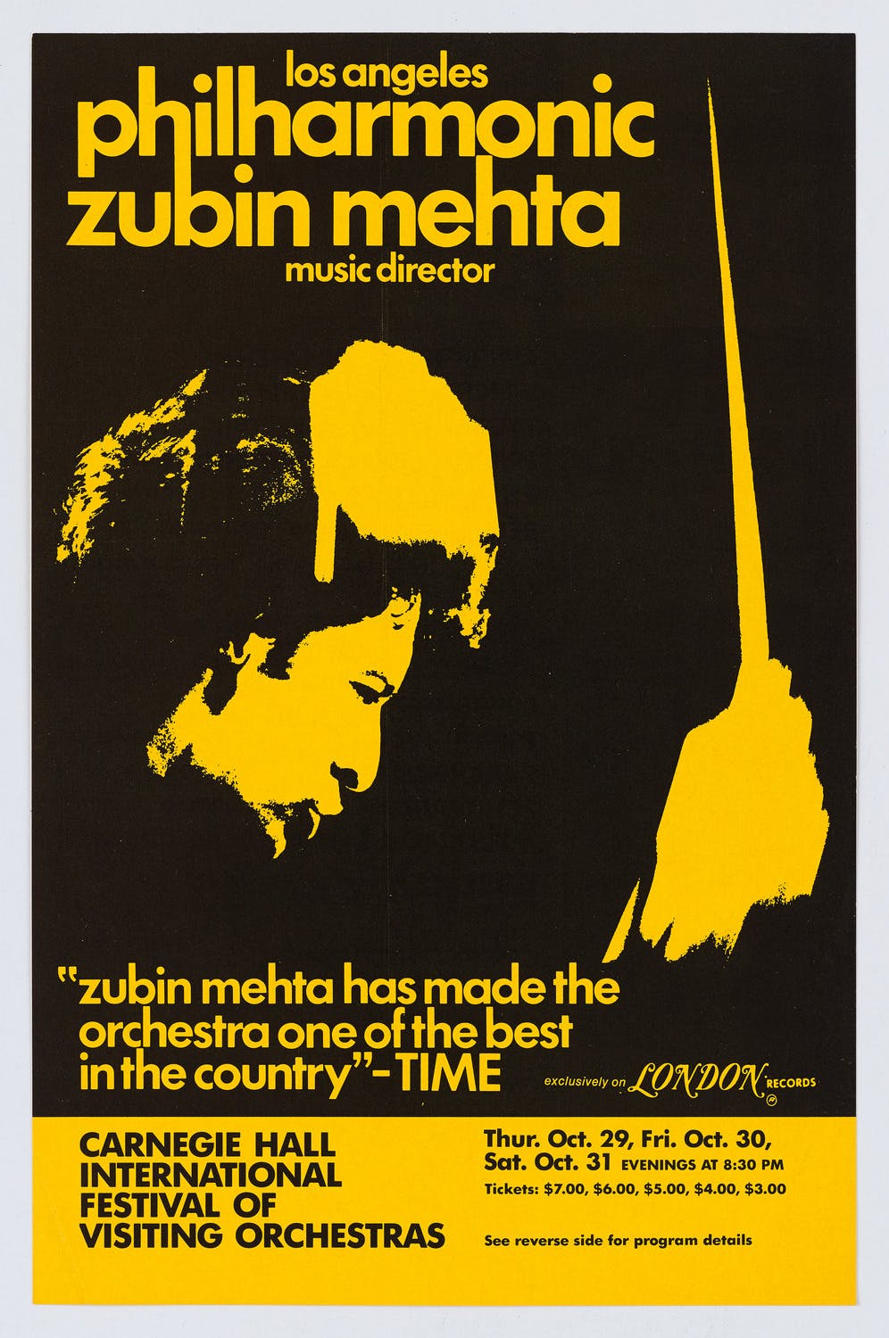 Carnegie Hall concert flyer from 1970 for the Los Angeles Philharmonic with a photo of Zubin Mehta.