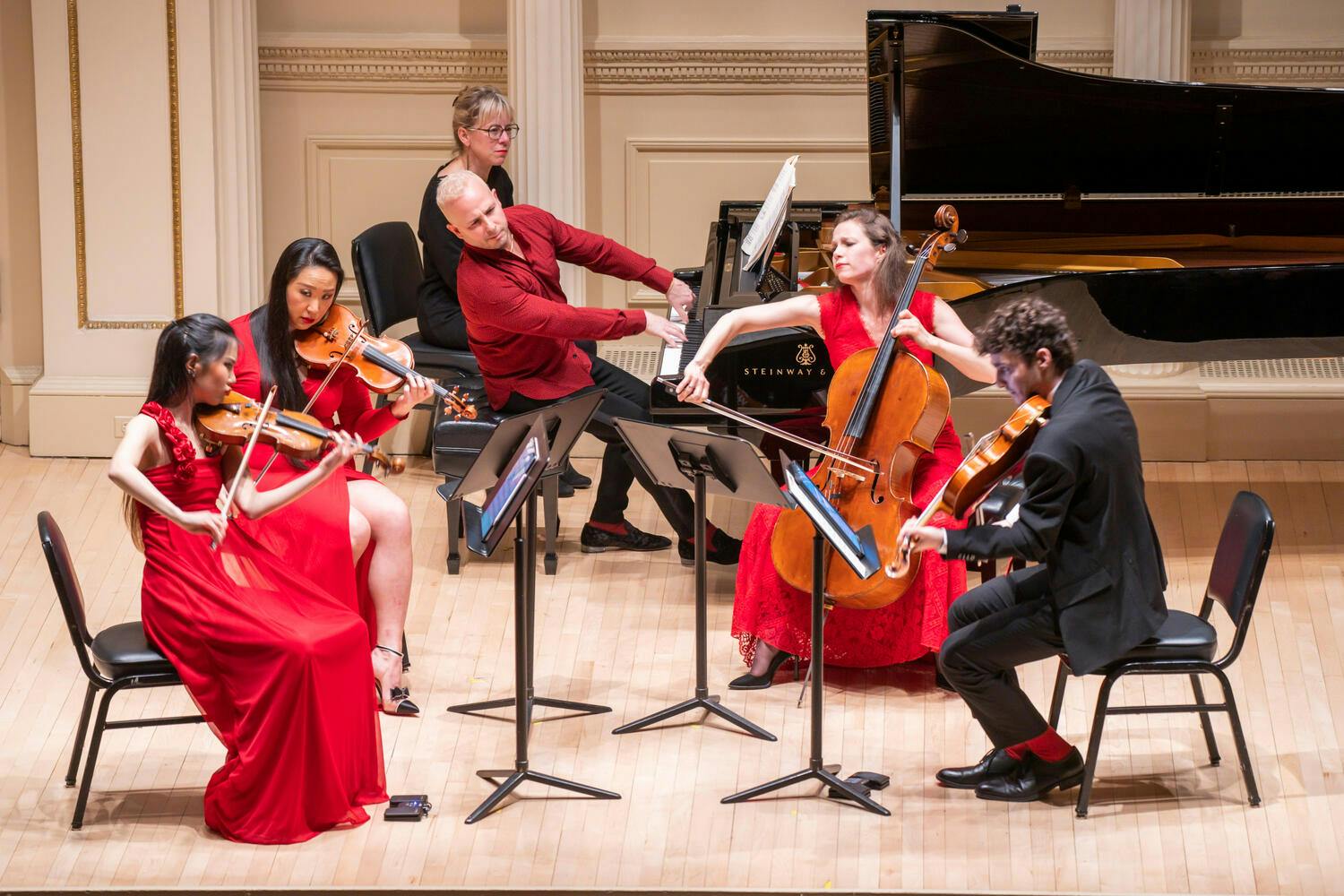 Members of the Met Orchestra Chamber Ensemble performing a piano string quintet at Weill Recital Hall