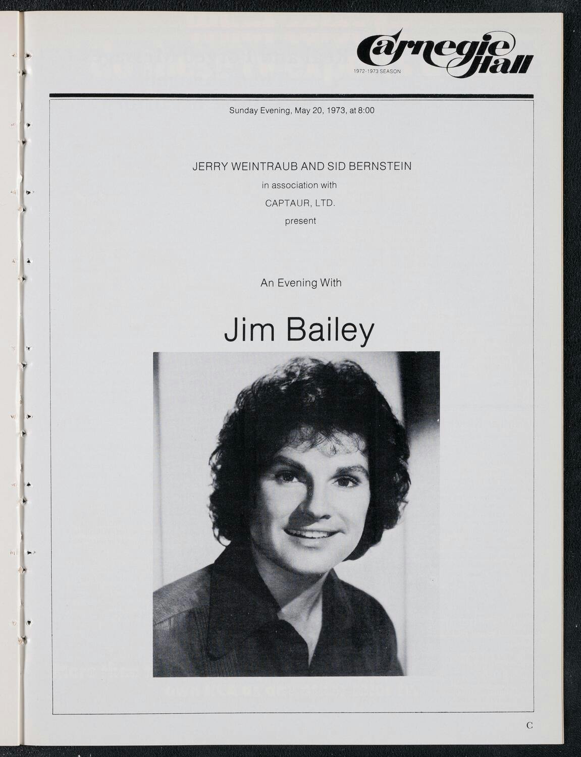 Program page from “An Evening with Jim Bailey” with a photo of Bailey smiling in the center. 