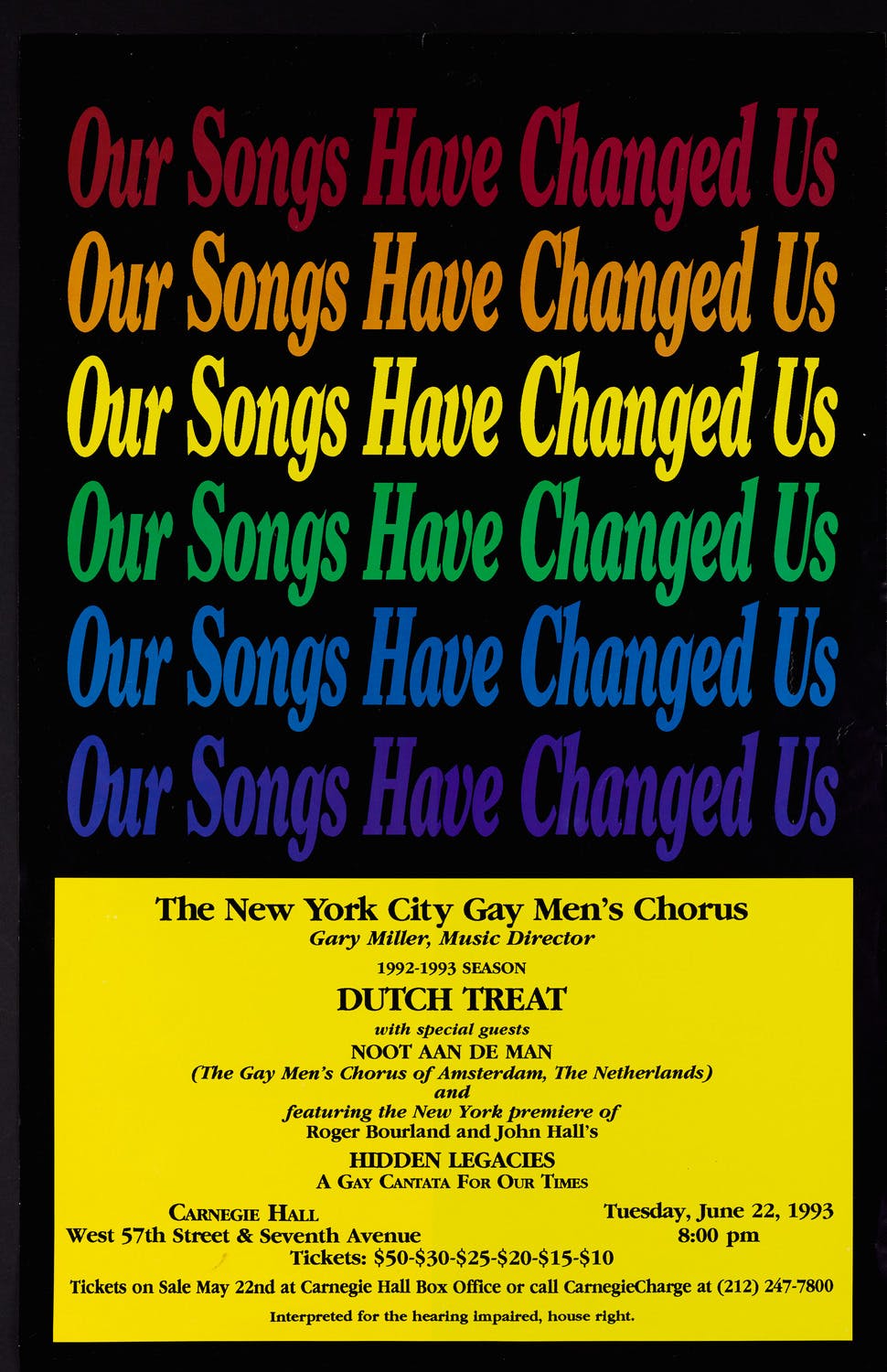 Window card of the New York City Gay Men’s Chorus concert in 1993.