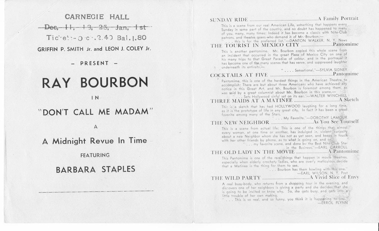 Program page from Ray Bourbon in “Don’t Call Me Madam,” 1950.