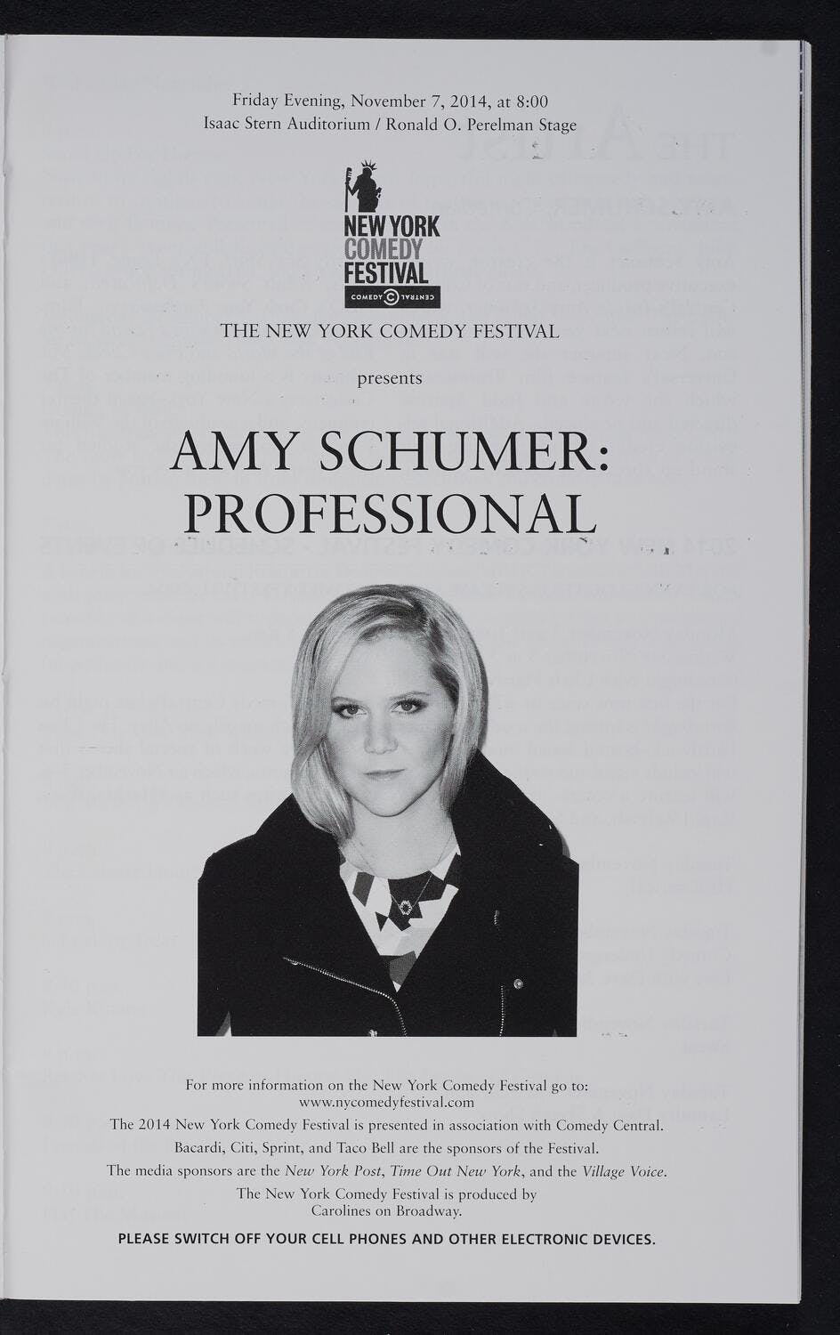 Program for Amy Schumer’s headlining debut at Carnegie Hall.