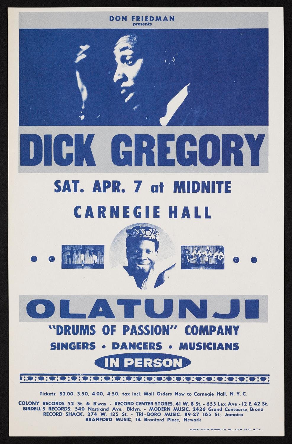Program flyer for Dick Gregory with Babatunde Olatunji at Carnegie Hall.