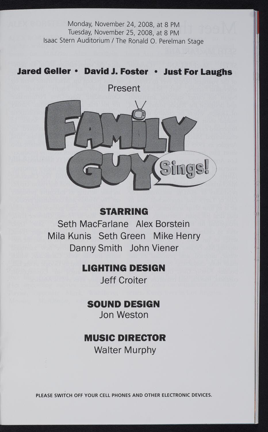 Program for “Family Guy Sings!” at Carnegie Hall.