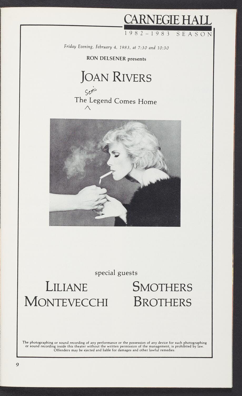 Program for Joan Rivers’s Carnegie Hall debut.