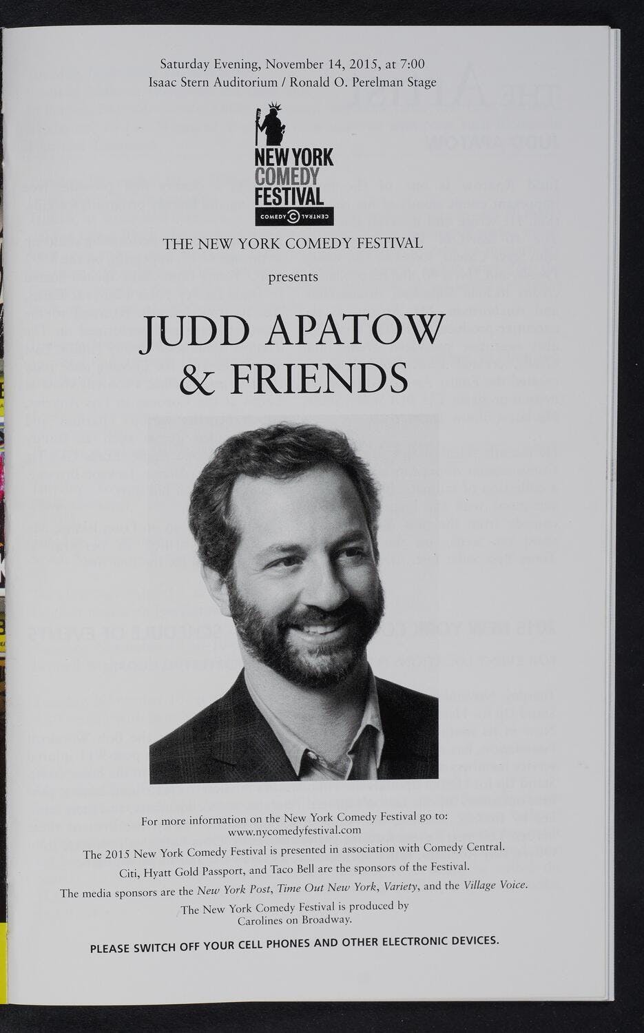 Program for “Judd Apatow & Friends” at Carnegie Hall.