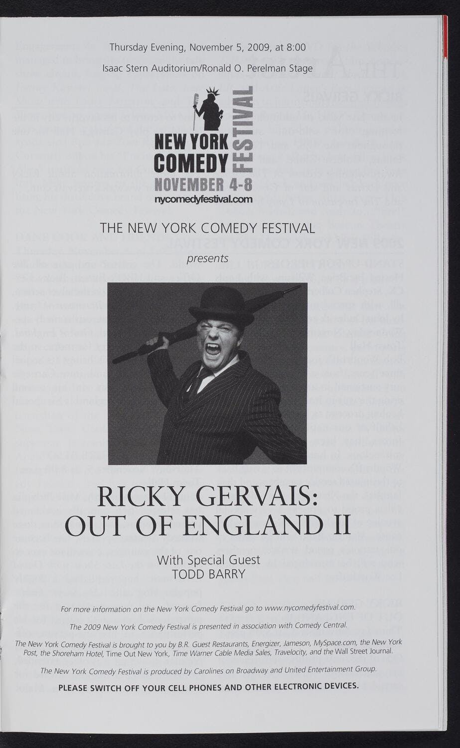 Program for Ricky Gervais’s Carnegie Hall performance.