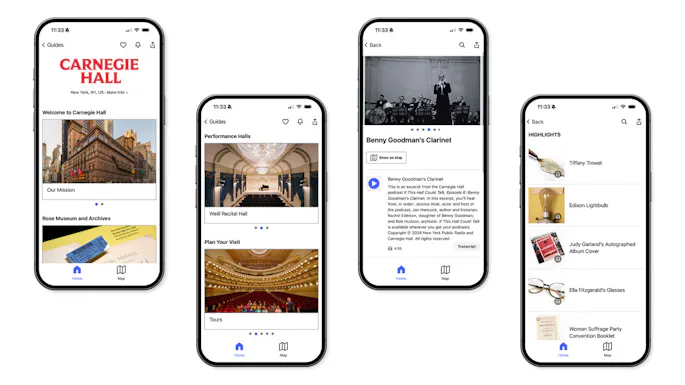 Four iPhones with the Bloomberg Connects app opened