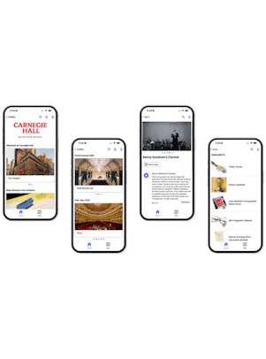 Four iPhones with the Bloomberg Connects app open.