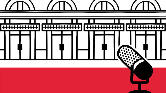 Drawing of a microphone in front of Carnegie Hall