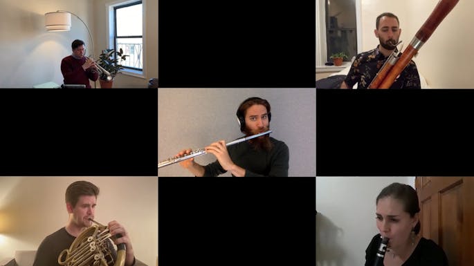 A collage of musicians playing their instruments: trumpet, flute, bassoon, and french horn
