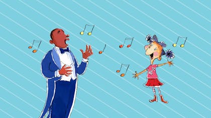 Illustration of a man and a little girl singing together with musical notes in the air around them