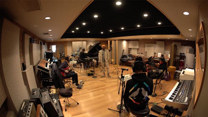 Musicians in a recording studio
