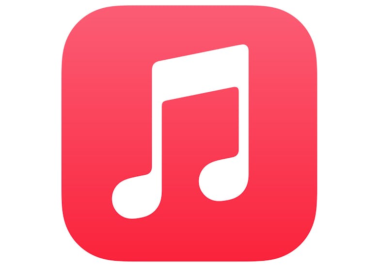 Two white eighth notes in a red square with curved edges