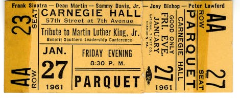 A yellow ticket to the parquet level seats of a Dr. Martin Luther King Jr. tribute concert on January 27, 1961.