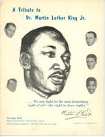 Drawing of Dr. Martin Luther King Jr., with photos of Frank Sinatra, Joey Bishop, Peter Lawford, Sammy Davis Jr., and Dean Martin, reading “… We now fight for the most elementary right of all—the right to have rights.”