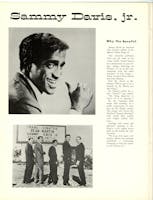 Featured highlight of Sammy Davis Jr., including a short article and two photos of Sammy Davis Jr. and the Rat Pack.