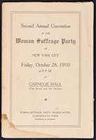 Light-brown souvenir program with text in black that reads, “Second Annual Convention of the Woman Suffrage Party of New York City; Friday, October 28, 1910 at 8 PM at Carnegie Hall”