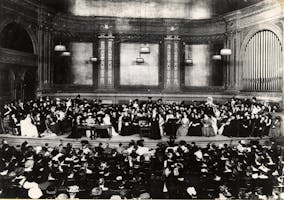 Black-and-white photograph of the Woman Suffrage Party Convention at Carnegie Hall in 1909.