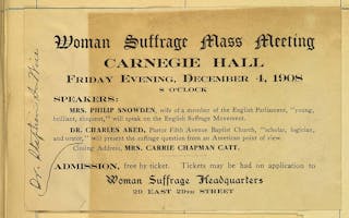 Yellowed flyer announcing the Woman Suffrage Mass Meeting at Carnegie Hall on December 4, 1908