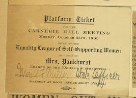 Yellowed platform ticket for the Carnegie Hall meeting to honor Emmeline Pankhurst on October 25, 1909, signed by Anne Fitzhugh Miller.