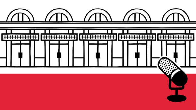 A cartoon drawing of a microphone in front of Carnegie Hall